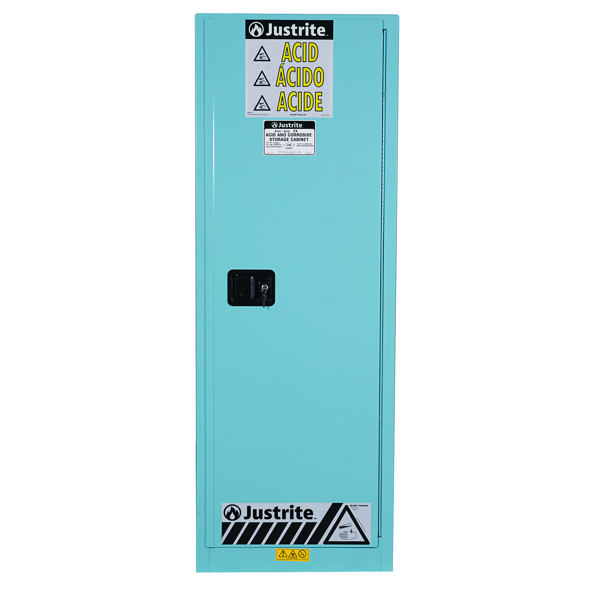 Justrite Steel Safety Cabinet for Corrosives — 22 Gallon, 3 Shelves, 1 Manual Close Door, Sure-Grip EX Slimline, Blue, Model# 892202